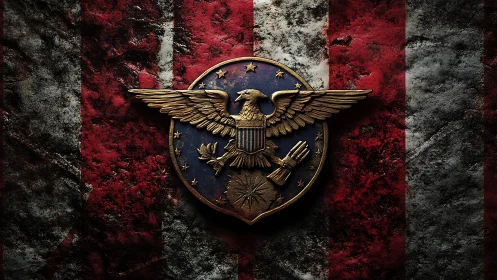 Bronze eagle insignia over distressed US flag texture.