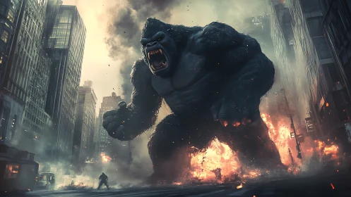 Giant gorilla figure positioned in burning urban street scene.