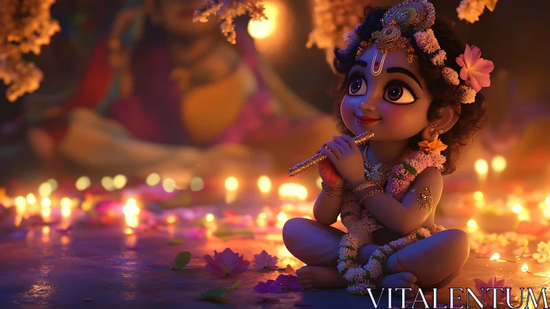 3D devotional character tableau with candlelit bokeh ambiance.