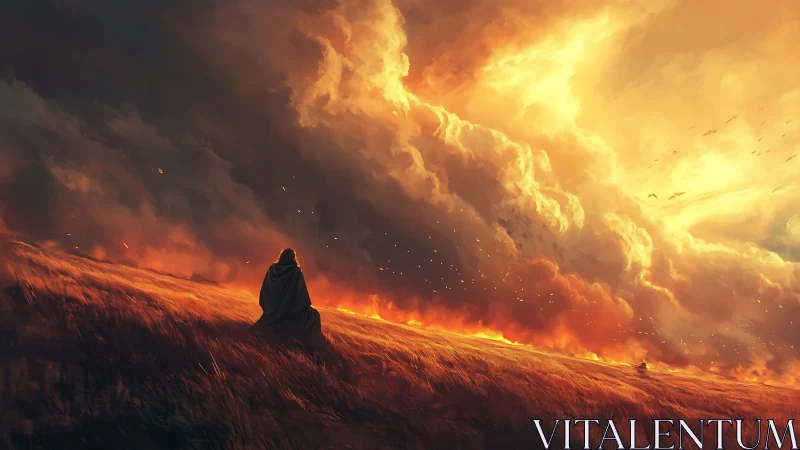 Cloaked observer before incendiary cumulonimbus horizon field.