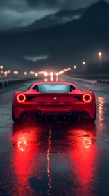 Red sports car on wet highway at dusk with rear lights on.