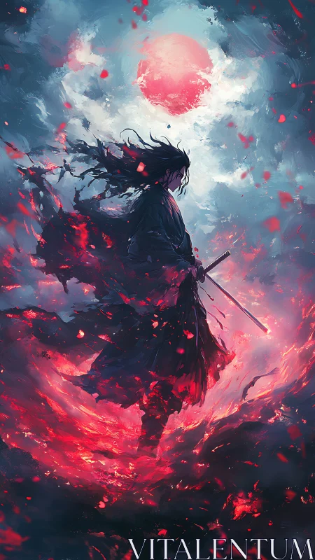 Solitary swordsman stands amid red energy under luminous orb