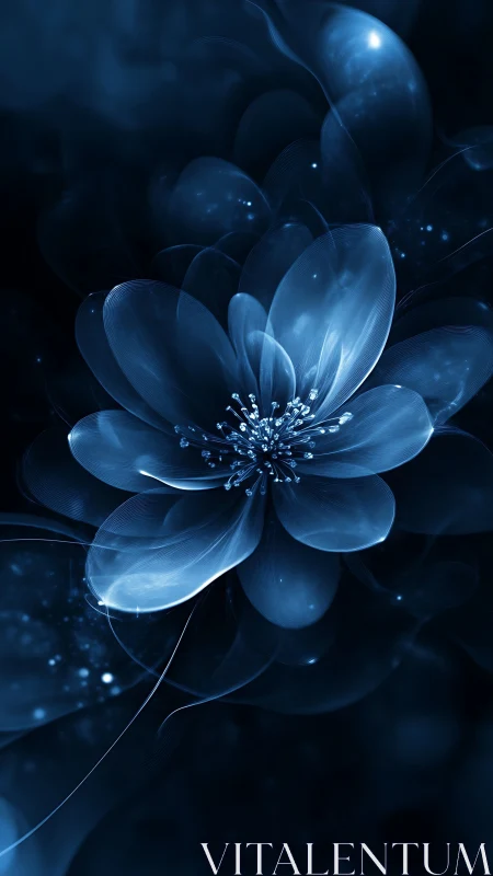 Translucent blue digital flower on deep dark background.