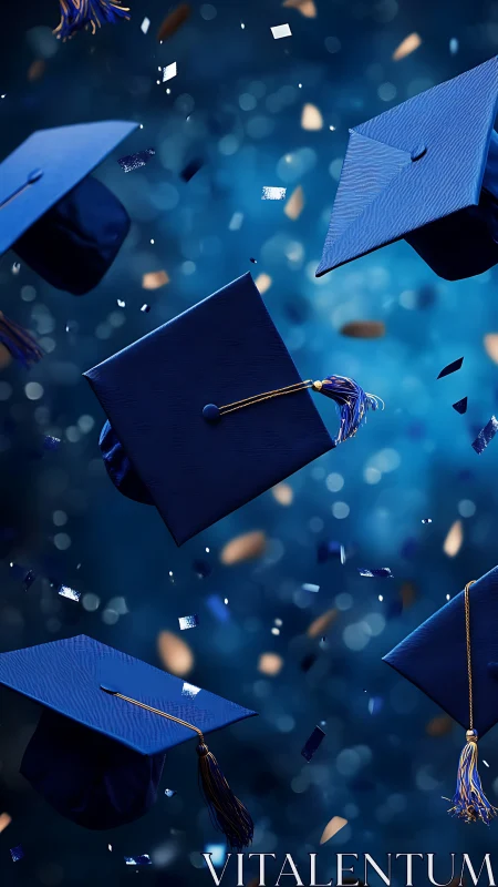 Graduation caps in motion against bright blue backdrop.
