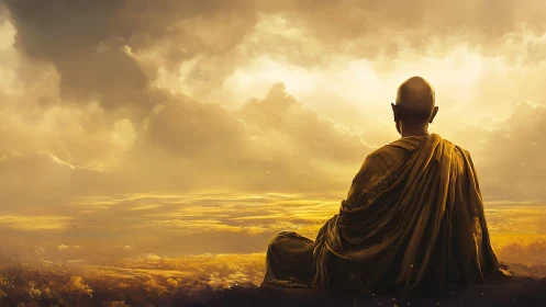 Solitary monk gazes into radiant golden horizon at dawn.
