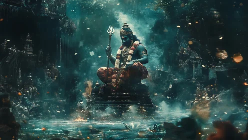 Celestial river mist crowns the meditating trident bearer