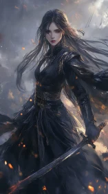 Stormlit dark swordswoman in flowing black battle robes.