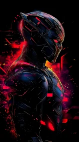Cybernetic panther exosuit under neon thermal backlighting.