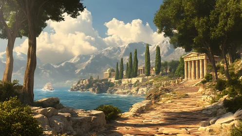 Ancient-style coastal temples line rocky shore beneath mountains