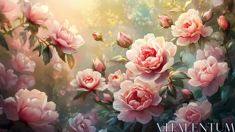 Pink peonies rendered with oil paint technique and diffused light effects.