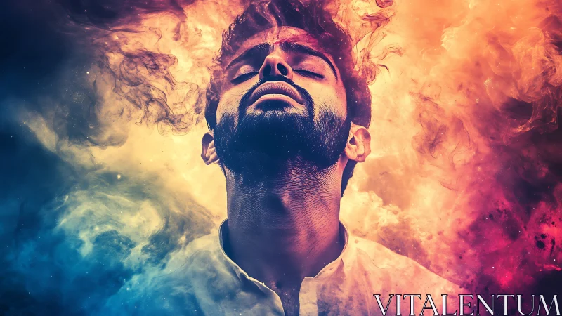 Portrait in molten duotone nebula light and rising smoke.