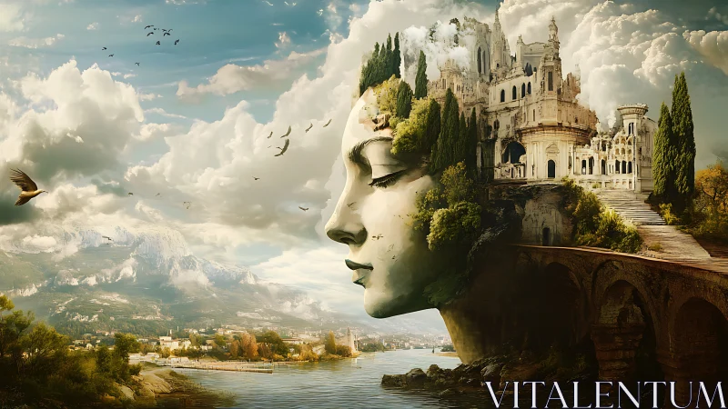 Stone muse merges with cliffside citadel above river valley.