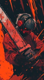 Intense headphone‑clad warrior wielding a blazing chainsaw.