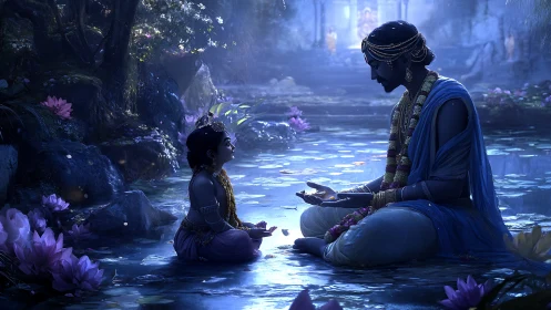 Luminous river communion of divine figures in moonlit lotus grove.