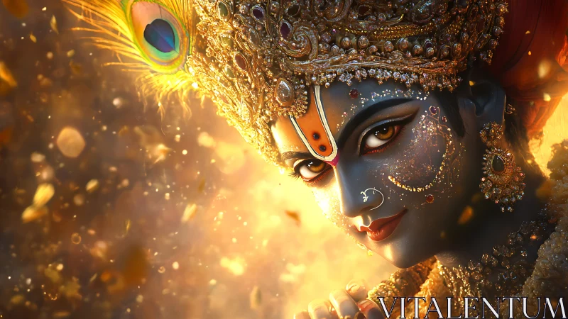 Divine blue-skinned deity portrait with jeweled crown and bokeh glow