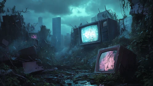 Glowing abandoned televisions cast eerie light on ruined city