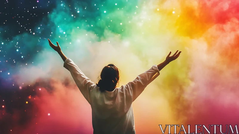 Stargazer in rainbow nebula mist raising arms to wonder.