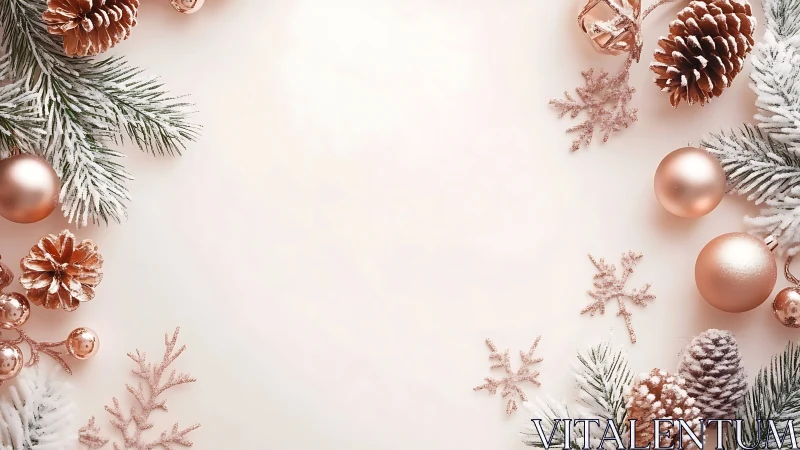 Frosty fir boughs with rose gold baubles framing winter calm.