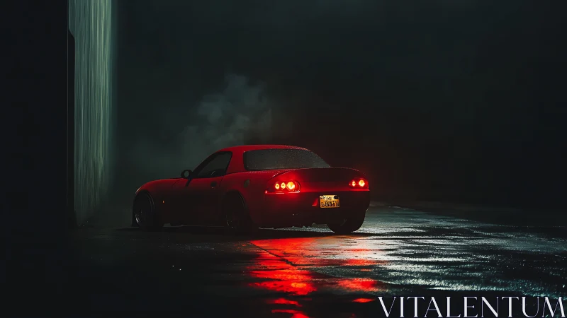 Red sports coupe under cinematic rain-soaked night glow.