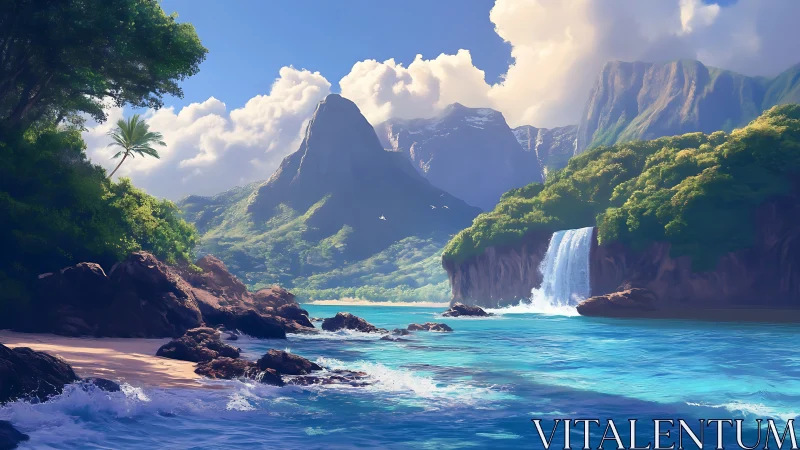Tropical Coastal Waterfall with Verdant Cliffs and Turquoise Waters.