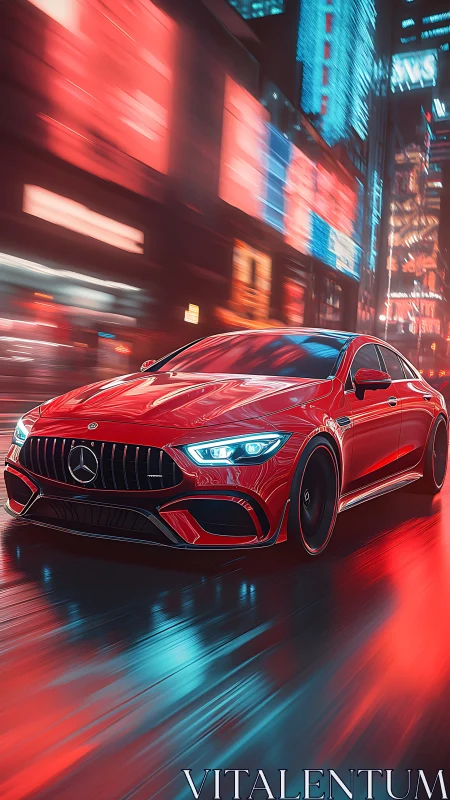 Red Mercedes sports sedan speeding through neon city street.