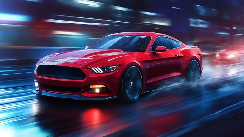 Aerodynamic red sports coupe on wet neon-lit urban roadway.