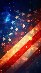 Glowing American flag design shimmers in fiery cosmic light