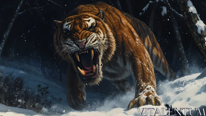 Roaring tiger lunges forward through a dark winter forest.