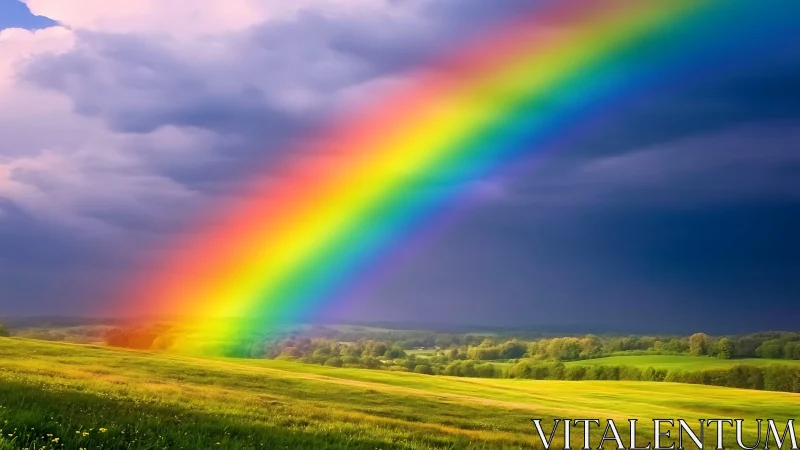 Diagonal atmospheric rainbow spans storm sky over sunlit fields