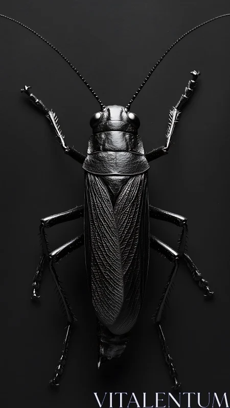 Black cricket macro study with glossy sculpted texture.