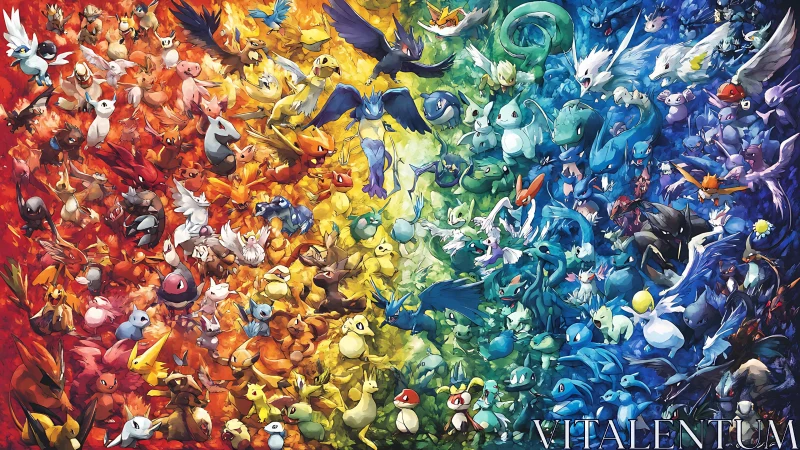 Multicolored arrangement of stylized fantasy creatures in spectrum.