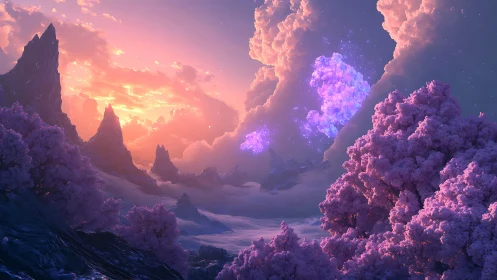 Luminous fantasy valley under violet nebula clouds at dusk.