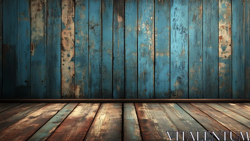Weathered blue wooden planks form rustic wall and floor plane