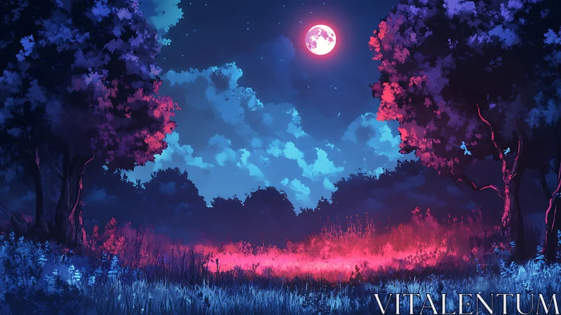 Luminous pink moon above neon meadow in twilight forest.
