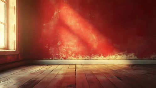 Sunlit patina on red plaster wall and worn timber floor plane.