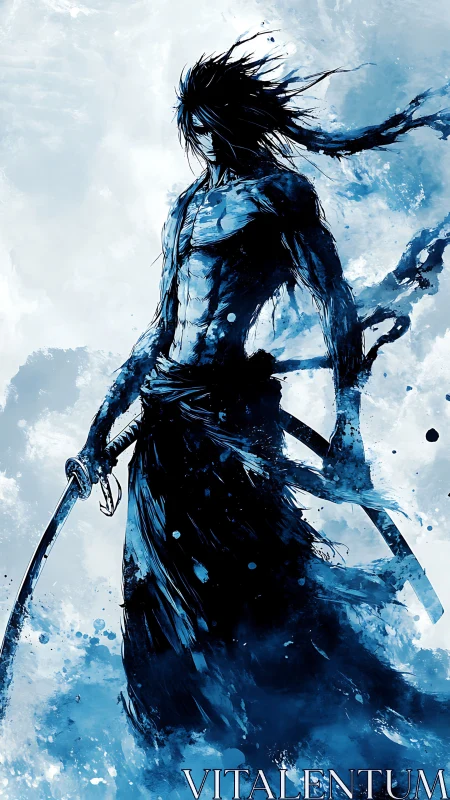 Storm-lit samurai stands ready in swirling blue shadows