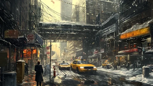 Winter urban street scene with taxis and overhead structure.