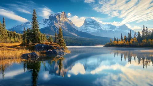 Snowcapped alpine peaks mirrored in tranquil autumn lake.