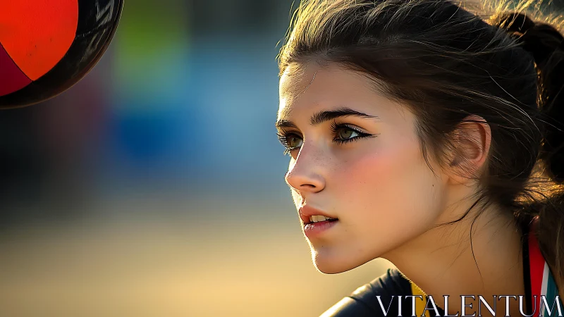 Focused young athlete watching the ball with quiet intensity.