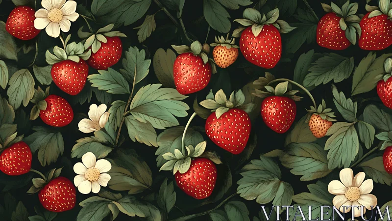 Strawberry plants with leaves and flowers form repeating field