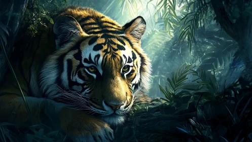 Tiger daydreams in emerald shade while the jungle holds still