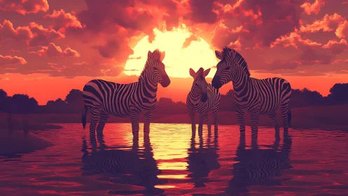 Zebras stand in flaming sunset water, bold silhouettes glow.