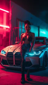 Neon alley queen cools midnight chrome in electric stillness