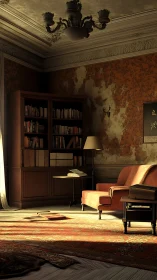 Sunlit vintage study with sofa, bookcase and worn walls.