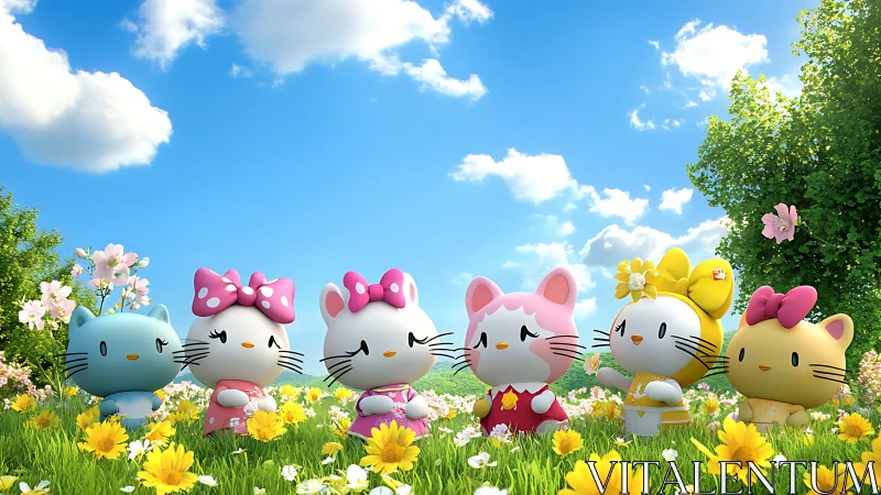 Six Hello Kitty character figures in springtime meadow landscape