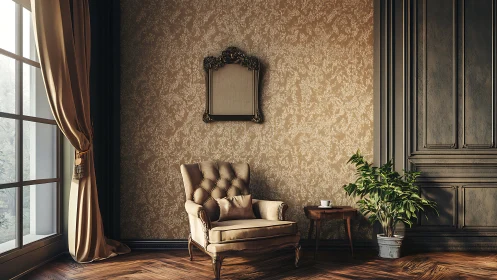 Vintage armchair sits beside plant in softly lit room