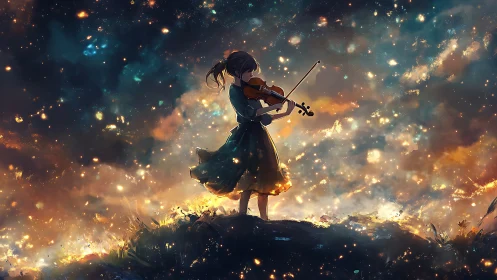 Starlit girl with violin in luminous cosmic meadowscape.