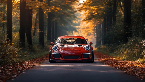 Red sports car stands poised on sunlit autumn forest road.