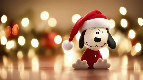 Festive cartoon dog figurine in soft holiday bokeh glow.