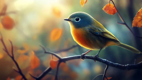 Vibrant Songbird on Autumn Branch in Soft Focus Nature Art.